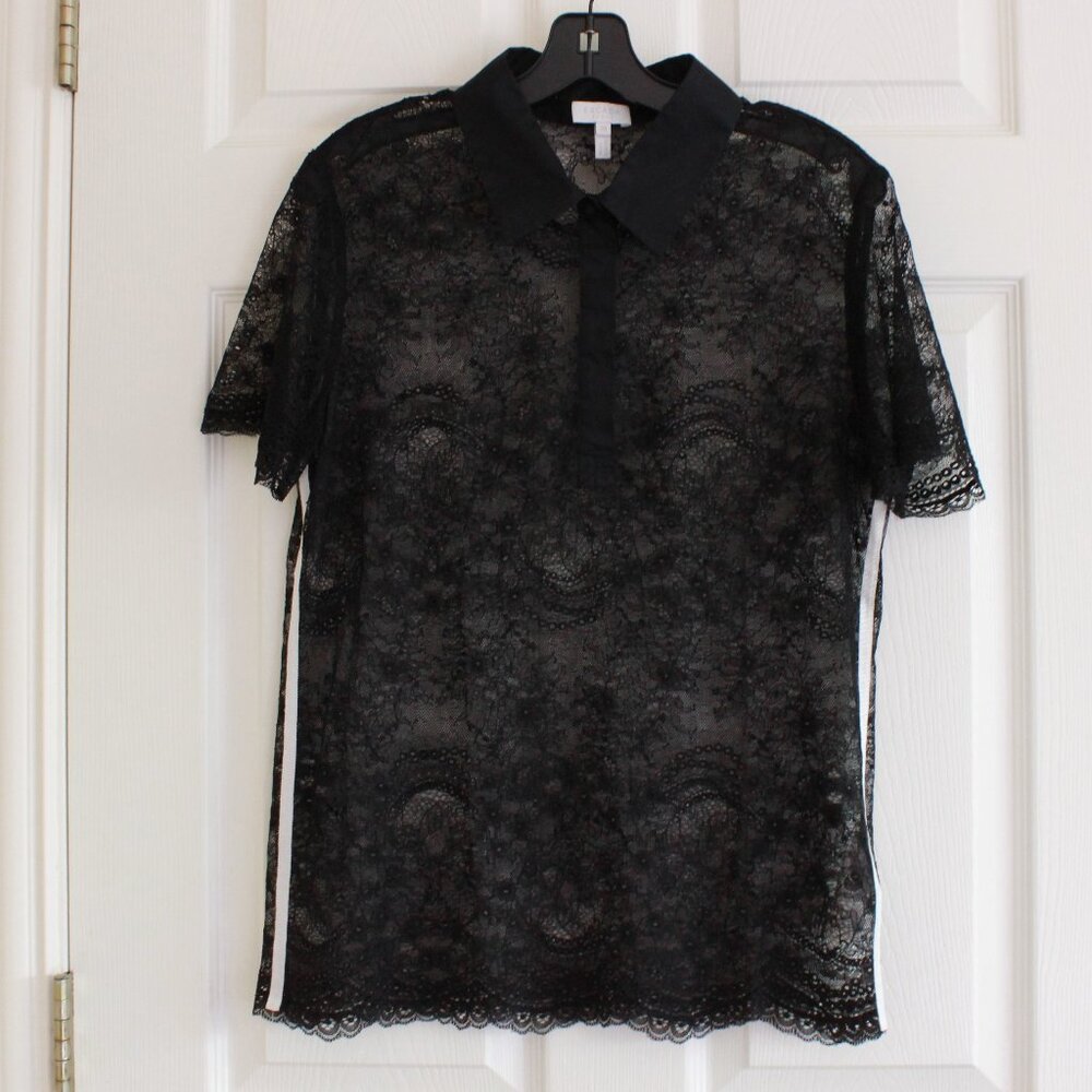 Escada Sport Black Sheer Lace Polo Shirt Dark Coquette Romantic Top Short Sleeve